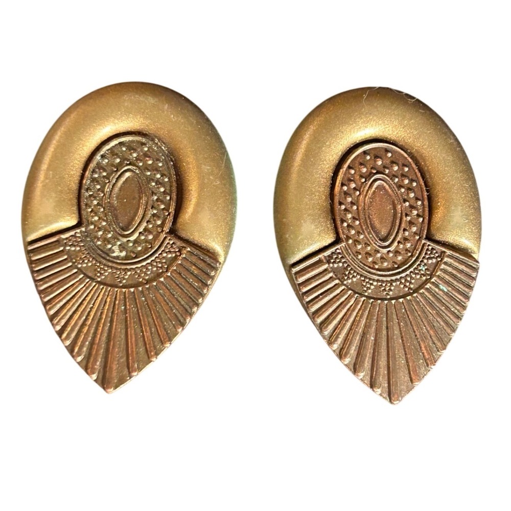 Vintage Gold Tone Art Deco Sunburst Teardrop Clip On Earrings Statement Jewelry
